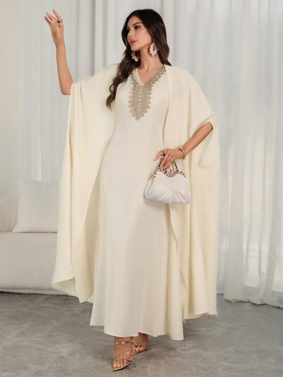 This Elegant 2 Pieces Set (Bat-Wing Jacket + Lace-Trim Dress) Is Designed Specifically For Middle Eastern New Year Celebrations, Festivals And Holiday Parties, Combining Sophistication And Festive Charm. Spring - Apricot - View 1