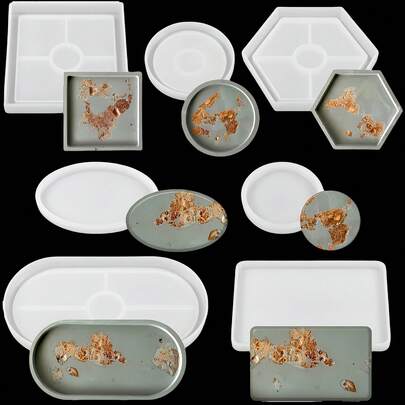 Set de 7 moldes de silicona, molde de bandeja de yeso, molde de silicona para colada de resina para posavasos, bandejas de té, ovalados, redondos, rectangulares, cuadrados, hexagonales, adecuados para manualidades de resina epoxi, yeso, concreto, decoración del hogar y regalos hechos a mano