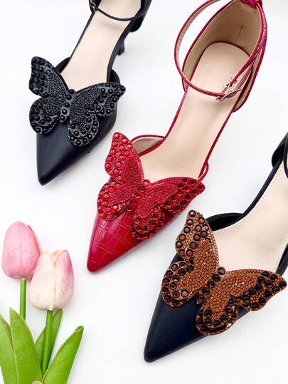 2个新款亮片蝴蝶水钻鞋夹，可拆卸鞋饰，适合婚礼高跟鞋，优雅女士礼物