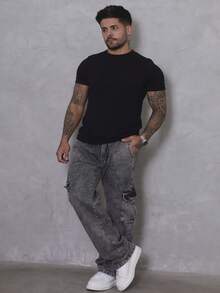 Men's Marbled Cargo Jeans, Wide Leg, Side Pocket, Streetwear - 煙灰色 - View 3