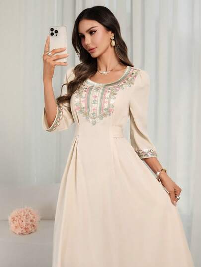 Women's Elegant Apricot Kaftan Style Long Dress - Long Sleeve, Embroidered Floral Applique, Waist Tie Belt, Effortlessly Showcase Daily Elegance And Timeless Middle Eastern Charm Arabian Robe