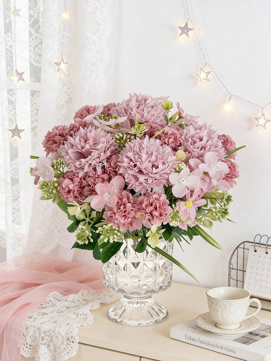 1pc Artificial Peony Flower Bouquet, Hydrangea & Dahlia, Valentine's Day Gift, Birthday Party Decor, Wedding Flower Basket, Bridal Bouquet, Home Decor, Restaurant, Bedroom, Windowsill, Vase Decor, New Year Decor, Outdoor Garden, Back To School - Bean Paste Color - View 1