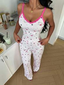 SANRIO Bộ đồ ngủ nữ 2 món họa tiết Hello Kitty, áo hai dây và quần dài mềm mại, đồ mặc nhà dễ thương và thoải mái. - trắng - Xem 4