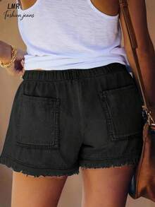Plus Size Women Pocketed Frayed Hem Casual Loose Denim Shorts Black Summer - Black - View 6