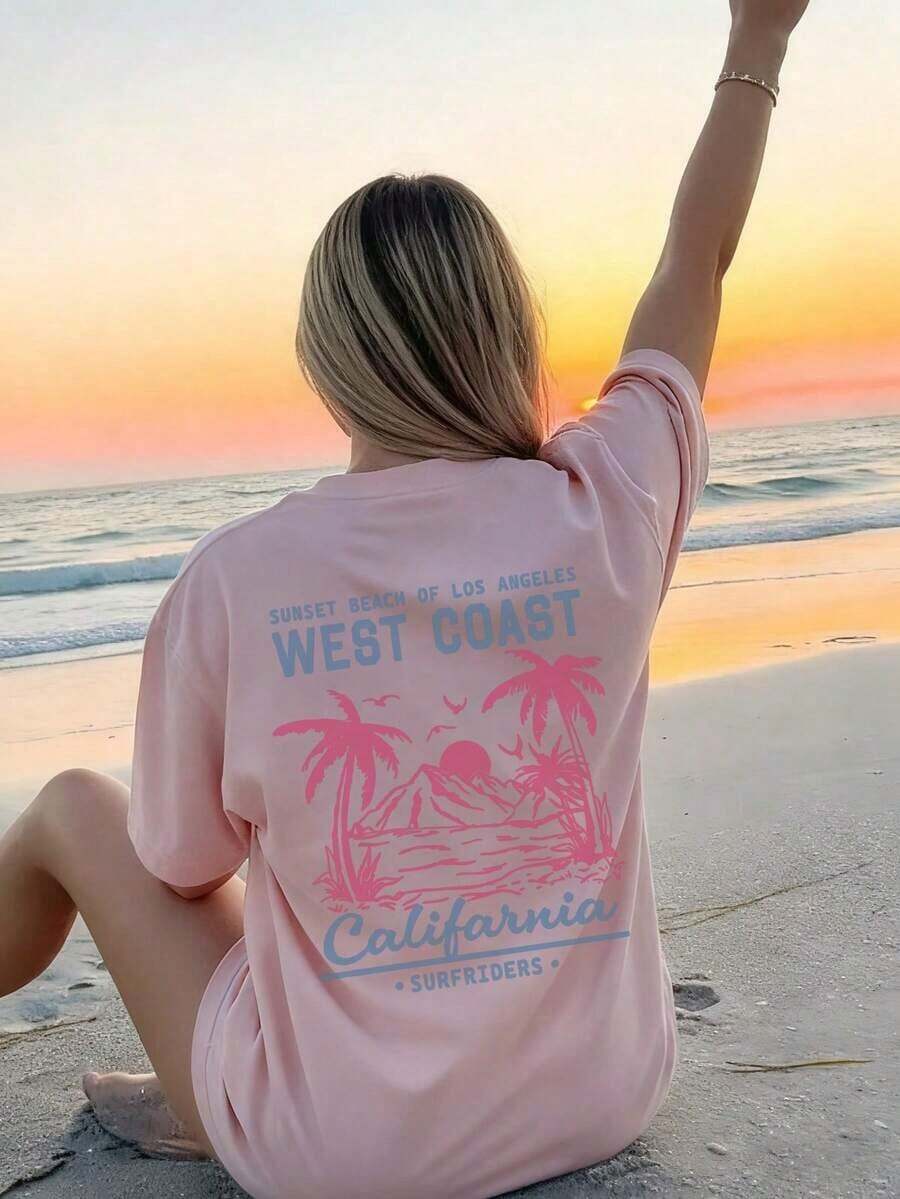 2026 Spring Summer Women's 100% Cotton "West Coast California" Retro Beach Graphic T-Shirt, Classic Round Neck Short Sleeve Casual Top For Vacation, Beach & Daily Wear - 粉紅色 2 - 查看 1