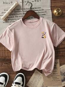 少女休闲印花圆领短袖T恤，夏季上衣 - 粉色 - 查看 4
