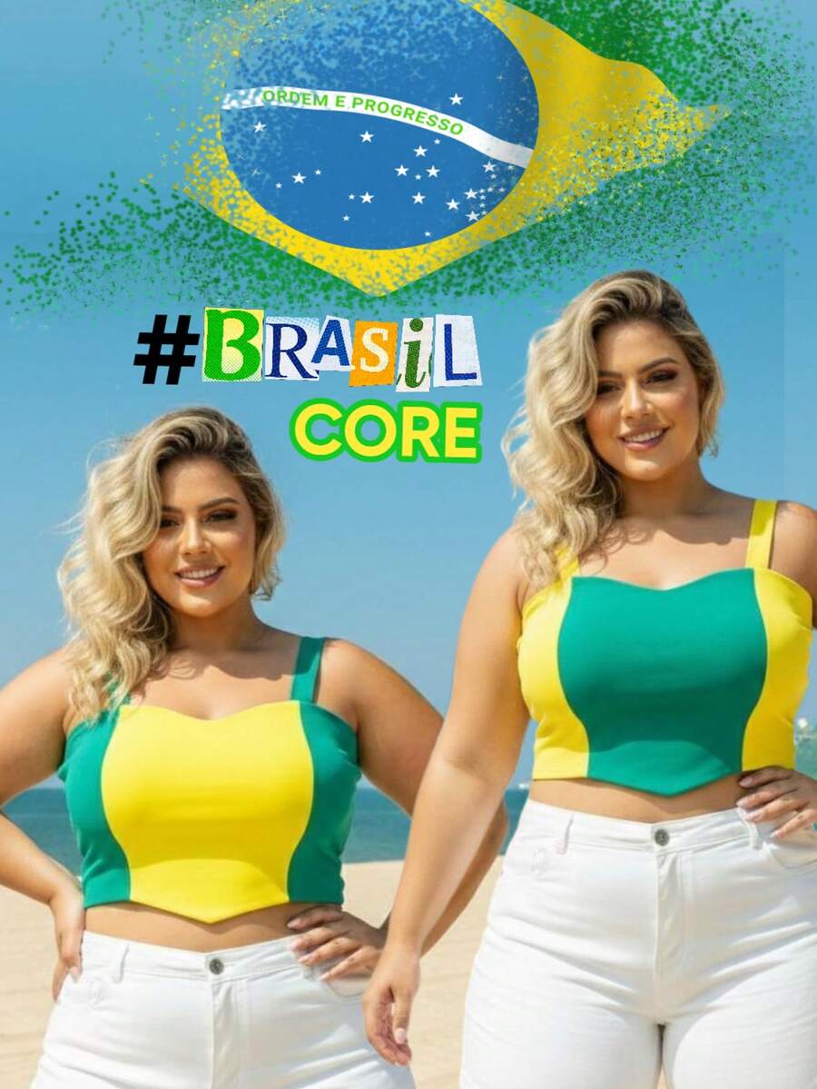 Women's Plus Size Cropped Blouse BrazilCore Summer World Cup Thick Straps Point Detail Look Brazil BrasilCore - Vàng/Xanh lá - Xem 1