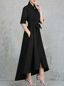 Casual Commute Solid Color Front Button Waist A-Line Dress Black Spring Elegant - Black - View 2
