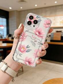 Cardholder Phone Case, Romantic Pink Flower Design Phone Case, Novelty Case Compatible With IPhone - Clear - View 4