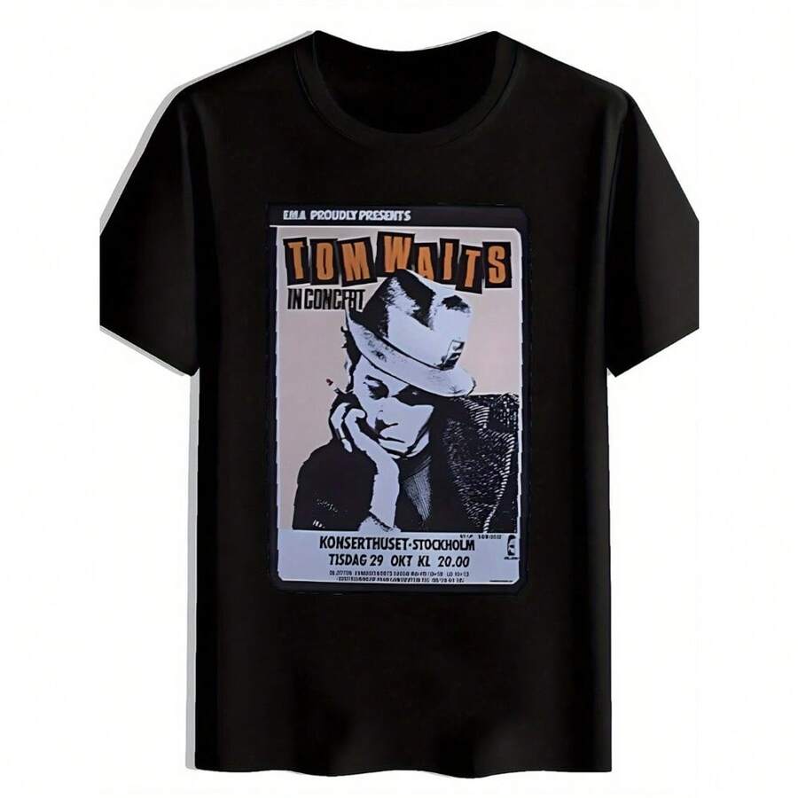 Men's Black T-Shirt - Tom Waits Concert Graphic - Vintage Style With "Ella Proudly Presents" Design - Casual Polyester Round Neck Tee For Summer, Travel, Beach, And Festivals - Festival Attire | Vintage Style Shirt | Durable Fabric, Tom Waits Concert Shirt - Nhiều màu - Xem 1