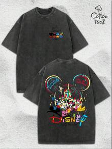 Personalized Disney 2026 Family Vacation Mickey & Friends Castle Graphic Vintage Washed Oversized T-Shirt, 100% Cotton Custom Disney Family Trip Tee For Men/Women/Kids - 黑色 - 查看 1