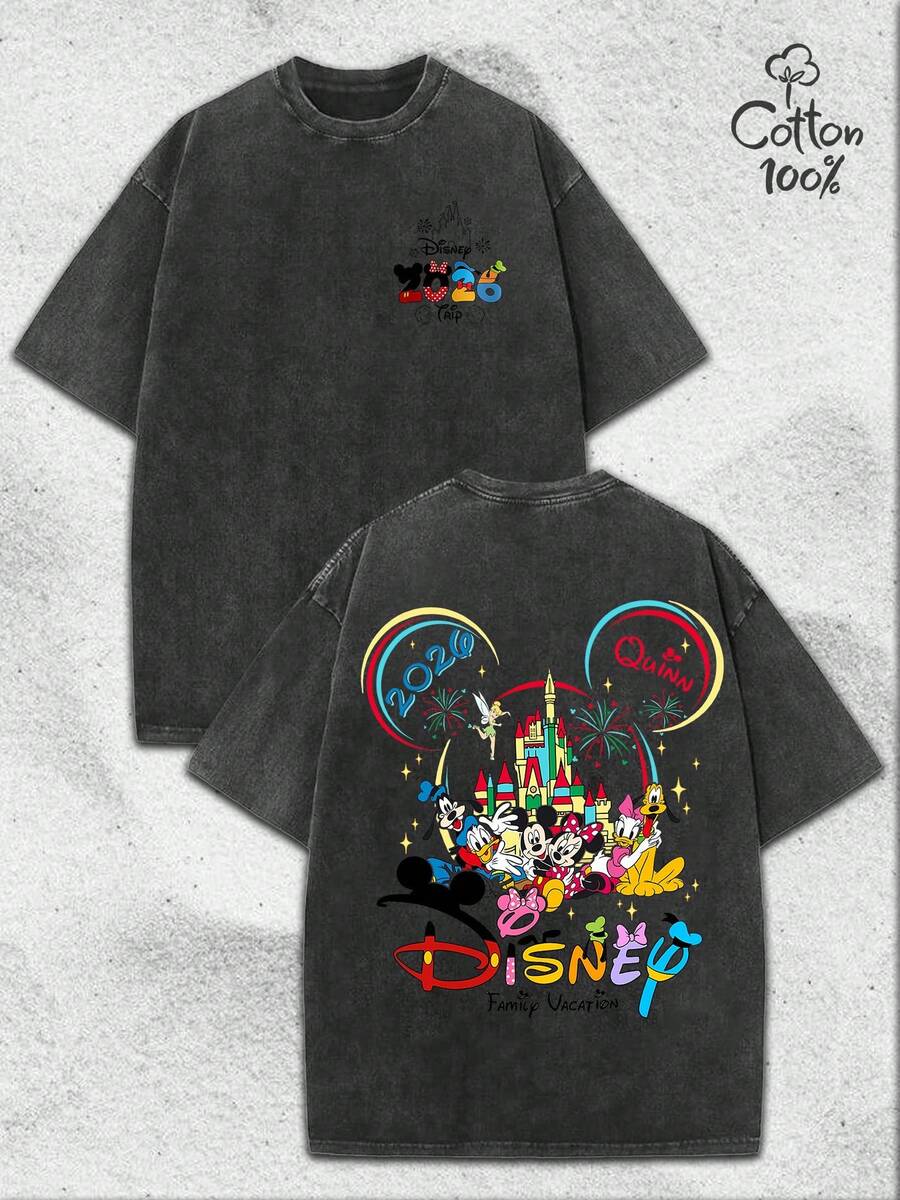 Personalized Disney 2026 Family Vacation Mickey & Friends Castle Graphic Vintage Washed Oversized T-Shirt, 100% Cotton Custom Disney Family Trip Tee For Men/Women/Kids - 黑色 - 查看 1