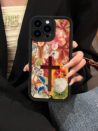 Funda de teléfono negra con textura mate, protección completa, a prueba de polvo y agua, con diseño retro floral de concha marina y cruz de madera en estilo estético religioso del Medio Oriente, compatible con iPhone 17/16/15/14/13/12/11/Pro/ProMax/X/XR/XS/XSMAX/7/8/PLUS y Galaxy S21/22/23/25/ULTRA/PLUS/FE, un regalo ideal para amigos, familiares y parejas en cumpleaños y festivales.