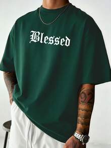 男士夏季美式哥特式文字图案圆领短袖T恤 - 墨綠色 - 查看 2