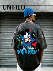 Disney UNIHLO  Mickey   Printed Summer Heavyweight Retro Washed Street Fashion Casual T-Shirt - 黑色 - 查看 2