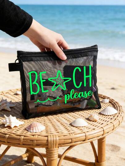Beach Mesh Bag Featuring 'Beach_please' And Starfish Pattern, Portable Cosmetic Pouch For Lipsticks And Cushion Puffs, Coastal Design Toiletry Bag,Transparent Roomy Travel Makeup Organizer, Hawaiian-Style Mesh Makeup Bag Perfect For Beach Vacations,Portable Shopping Bag, Ideal For Holidays, Fitness, Mother'S Day Presents, Valentine'S Day, Teacher & Women'S Travel, Short Trips & Travel Necessities
