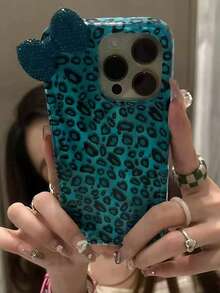 3D Rhinestone Bow Leopard Print Phone Case, Compatible With 17 Pro Max, 17 Pro, 17 Air, 17, 16, 15, 14, 13, 12 Pro Max, 11, Fashionable Shock-Resistant Protective Phone Cover - Blue - View 4