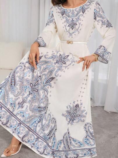 女士优雅植物印花宽松长连衣裙 – 圆领，适合休闲度假和节日派对，春季连衣裙，女士优雅长裙，女士优雅连衣裙