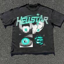 Men's Graphic 100% Cotton T-Shirt, Hellstars Green Star Eye Graphic Print, Short Sleeve Round Neck, Streetwear Dark Art, Casual Street Outfit, All-Season Wear - hình dạng - Xem 1