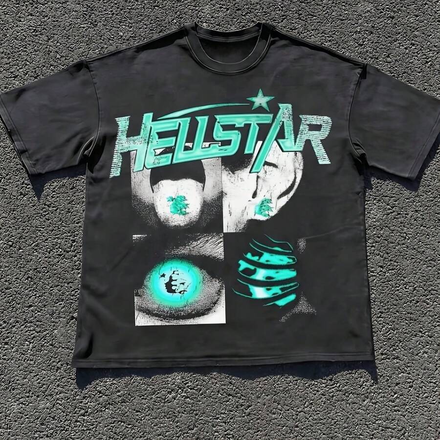 Men's Graphic 100% Cotton T-Shirt, Hellstars Green Star Eye Graphic Print, Short Sleeve Round Neck, Streetwear Dark Art, Casual Street Outfit, All-Season Wear - hình dạng - Xem 1