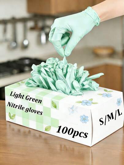100pcs Green Disposable Nitrile Gloves, Suitable For Household Sanitation And Cleaning, Reusable, Powder-Free, Latex-Free, Soft And Comfortable Cleaning Supplies Made Of High-Quality Nitrile Material, Suitable For Household And Professional Cleaners (Packaged In Bags)