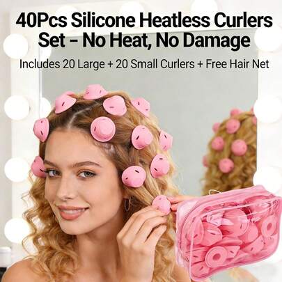 1/10 PCS Heatless Hair Curlers, For All Hair Types, Manual Mushroom Bell Curls-No Heat Styling Perm Rods / Small & Large Silicone Rollers, Easy DIY Curling Tool (Pink)