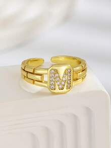 1pc Classic Fashion Letter Square Ring, Suitable For Men, Girl And Children, Street Accessory, Daily Decoration Gift - Yellow Gold - View 3