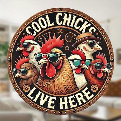 1pc 2D Flat Printed Metal Plaque, Size 20X20cm, Vintage Design, Suitable For . It Contains A Signboard With The Words "Cool Chickens Live Here", Random Hole Positions