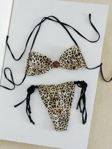 Women's Summer Beach Leopard Print Halter Tie Sexy Bikini Swimwear Set - Leopard Print - View 4