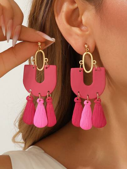 一对波西米亚风聚合物粘土水滴耳环，复古U形拱形设计，饰以仿流苏，金色箔片水磨石纹理，吸睛吊坠饰品，轻盈配饰，适合女性度假海滩派对礼物