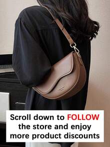 经典女士复古风斜挎包，时尚纯色便携可调节肩带马鞍包，休闲简约宽肩带单肩包，适合通勤、购物和约会。 - 咖啡棕 - 查看 2