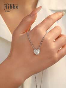Hihho 1件双色立方氧化锆心形项链，甜美活力奢华风格，心形设计，镶嵌满钻，搭配精致链条，适合日常通勤、约会、度假和甜美装扮。 - 愛心 - 查看 3