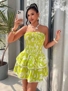 AIJ Amarilo Women Sleeveless Strapless Shirred Ruffle Hem Mini Dress Casual Elegant Sexy Flounce Hem Fit And Flare Woven Fabric Vacation Summer - Grass Green - View 6