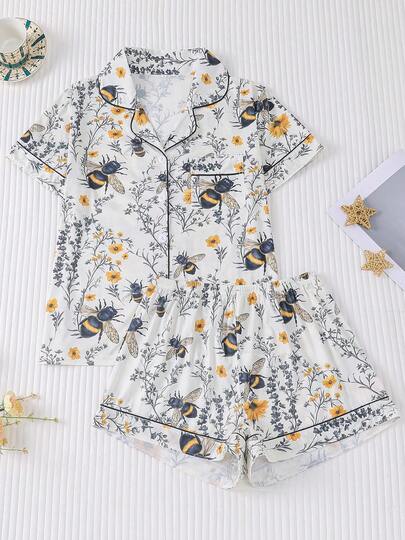 2pcs Bee & Floral Print Women Pajama Set, Short Sleeve Shirt With Lapel Collar Button And Loose Elastic Shorts, Fashionable Sleepwear/Loungewear Set For Outdoor/Indoor Casual Wear, All Seasons