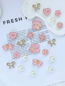 22pcs Pink & Gold Flower Heart Hole Shoe Charms, Rhinestone + Pearl Material, Luxury Sweet Girl Style, Suitable For Hollow Out Clogs - Cherry Blossom Bow Set - View 7