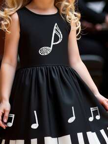 1件女童夏装，女童黑色圆领无袖钢琴键印花连衣裙，儿童简约舒适休闲装，女童户外运动度假娱乐服装 - 黑色 - 查看 4