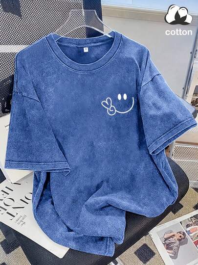 Vintage Washed Cotton Loose-Fit T-Shirt, Cute  Face And Heart Print, Women's Casual Street Style Short-Sleeve Top, Wrinkle-Resistant Washed Cotton T-Shirt