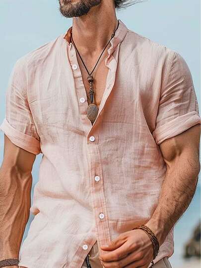 Camisa casual de hombre de unicolor de bambú tejido, semitraslúcida y transpirable, con cuello alto, cierre completo con botones de contraste, adecuada para ocio, viajes, moda callejera, vacaciones en la playa, nueva llegada de manga corta