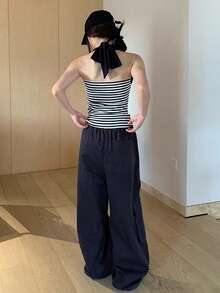 Spring/Summer Navy Blue Loose Straight Leg Casual Pants, Drawstring Waist, Wide Leg, Slimming Pockets, Sports Utility Trousers Winter - Navy Blue - View 4