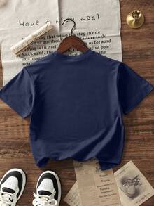 Tween Boys Casual Printed Round Neck Short Sleeve T-Shirt, Summer Top - Navy Blue - View 4