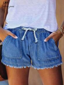 Pantalones cortos de mezclilla casuales y holgados con bolsillos y dobladillo deshilachado para mujer de talla grande en verano - Azul lavado oscuro - Ver 3