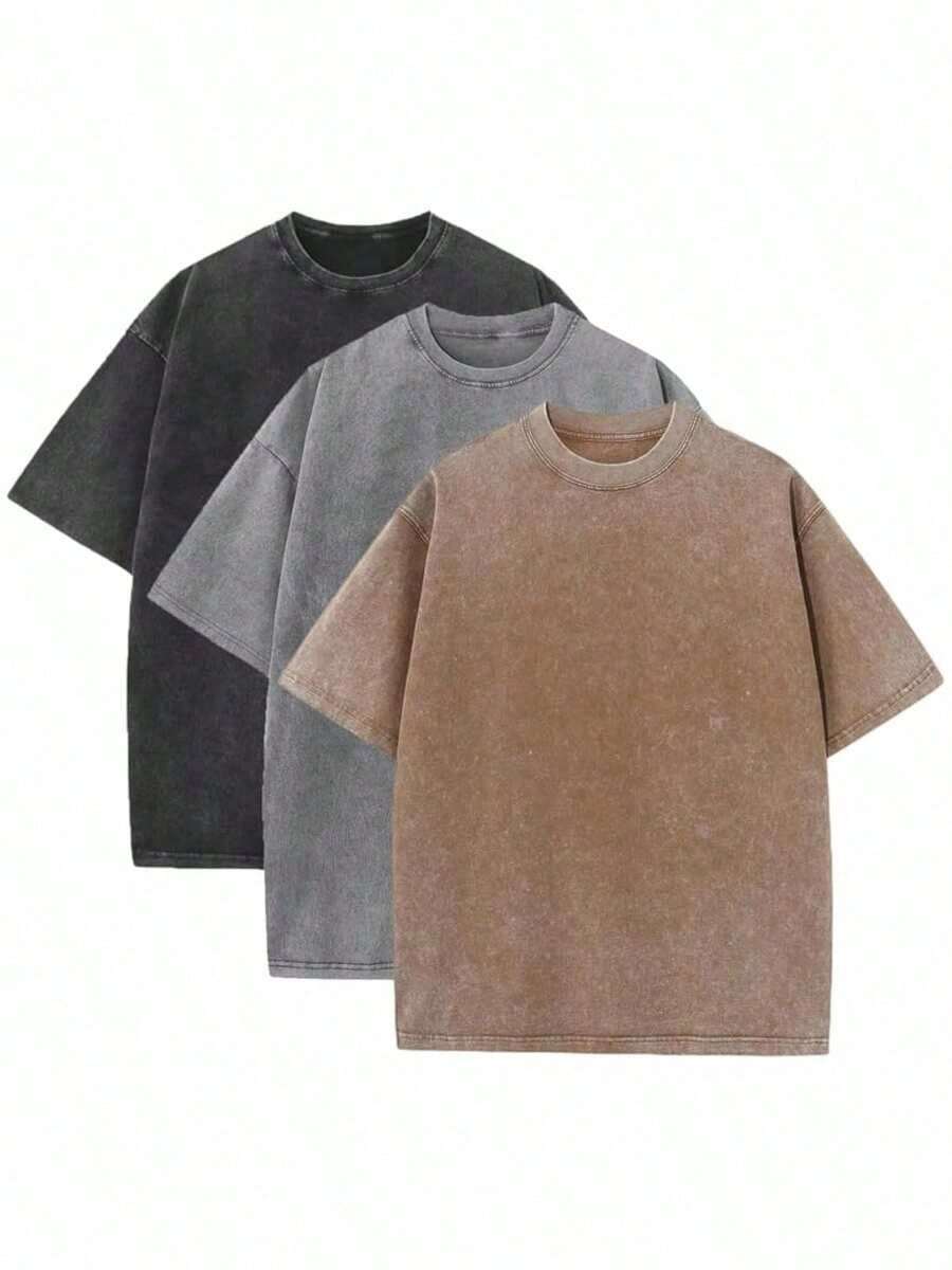 3 Pack, Men's, Vintage Washed, Oversized, Cotton, T Shirts, Loose Fit, Short Sleeve, Casual, Streetwear, Unisex, Tops.100% Cotton - 黑色 + 灰色 + 咖啡色 - 查看 1