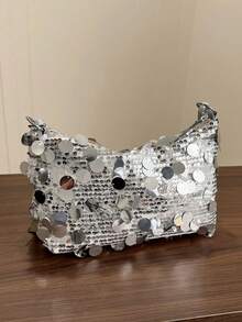 1pc Gold-Tone Glittery Crescent Moon Sha Pe PVC Shoulder Bag For Women - Silver - View 3