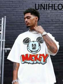 Disney UNIHLO Street Life Men's Casual Loose  Valentine's Day Love  Cartoon  Print Short Sleeve T-ShirtSummer - 白色 - 查看 3