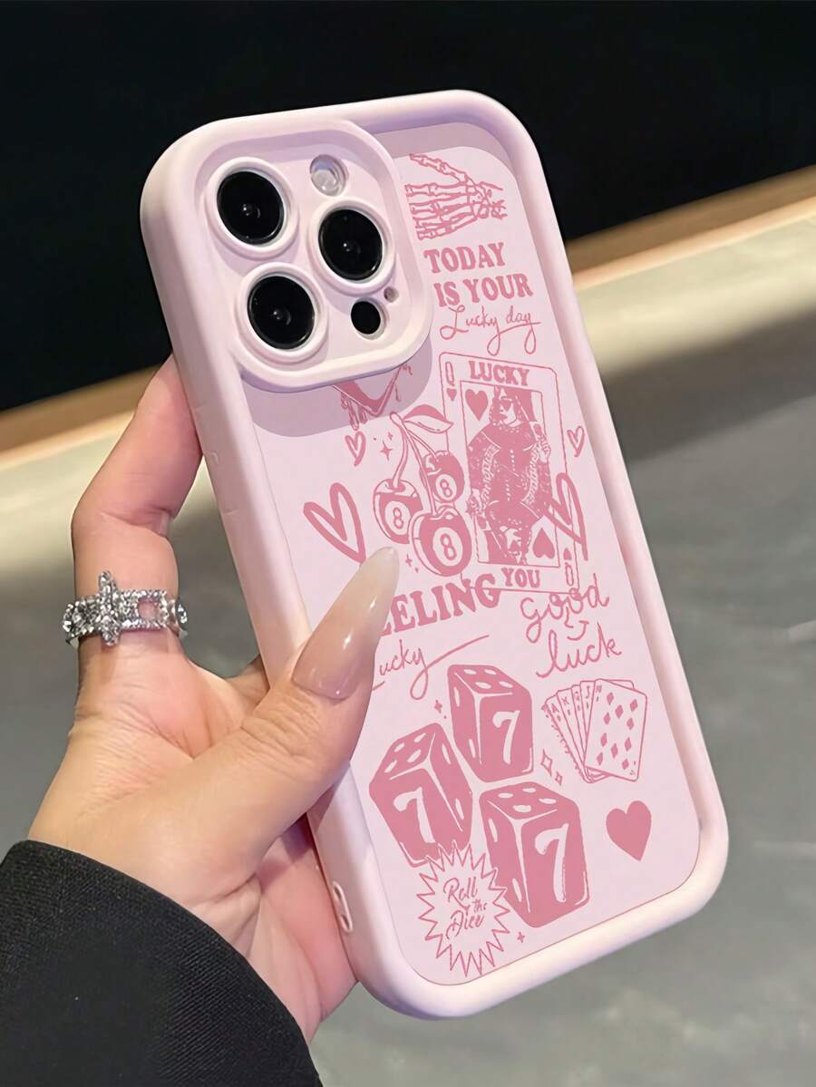 1pc Pink Matte Gradient Pattern Minimalist Lens Protection Phone Case With Pink Graffiti, Playing Card, Dice, Cherry, Number 8 Design, Compatible With IPhone 16 Pro Max, 17/16/15/14 Plus, 13/12/11, Air, Series - Multicolor - View 1