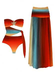 Ombre Red & Blue Halter Bikini Top With Starfish Decor + Slit Mesh Cover-Up, Effortlessly Chic - Multicolor - View 2