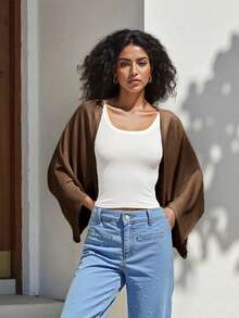 Shrug Cardigan For Women Fashionable Lightweight Solid Color Open Front Loose Cover Up - marrón oscuro - Ver 1