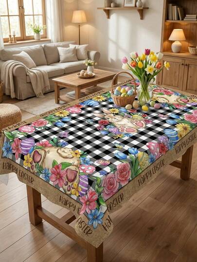 1pc-Easter Tablecloth 140x180 For Recatangle - Black Plaid Spring Table Cloth Rectangle For Party, Rabbit Decorations For Home
