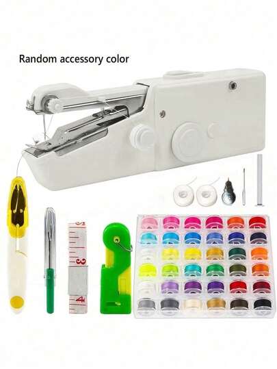 便携式手持缝纫机 - 快速缝纫迷你工具，白色/黑色，设计紧凑，带可调节张力旋钮和压脚，适用于服装缝纫 | 手持缝纫机 | 多功能缝纫工具，适合旅行和居家DIY布料修补，易于初学者使用，配件颜色随机