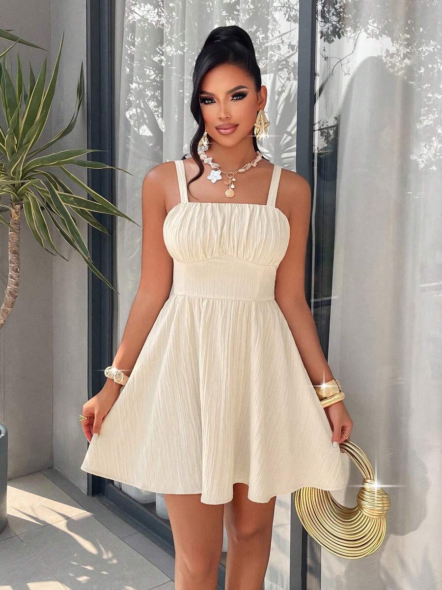 AIJ Đầm Amarilo nữ dáng chữ A không tay màu trơn, kiểu dáng thường ngày, có dây đeo điều chỉnh được, thiết kế tối giản và thời trang, lưng thun co giãn, hoàn hảo cho kỳ nghỉ biển, tiệc tùng mùa hè, thanh lịch. - Màu be - Xem 1